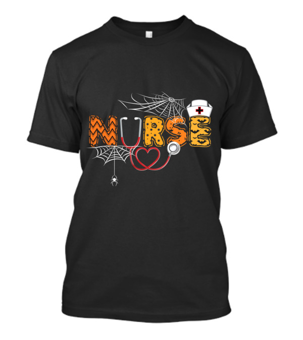 Nurse Halloween Pumpkin Spider Webs Stethoscope Hat T-Shirt