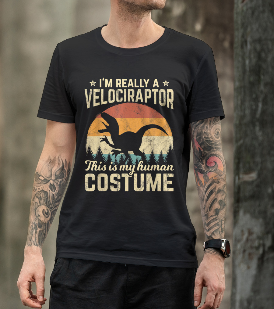 I’m Really A Velociraptor This Is My Human Costume Retro Vintage 70s Halloween T-Shirt