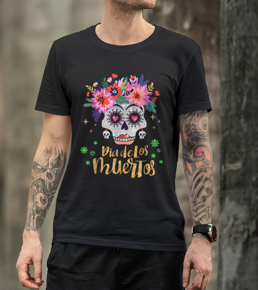 Dia De Los Muertos Sugar Skull With Floral Crown T-Shirt