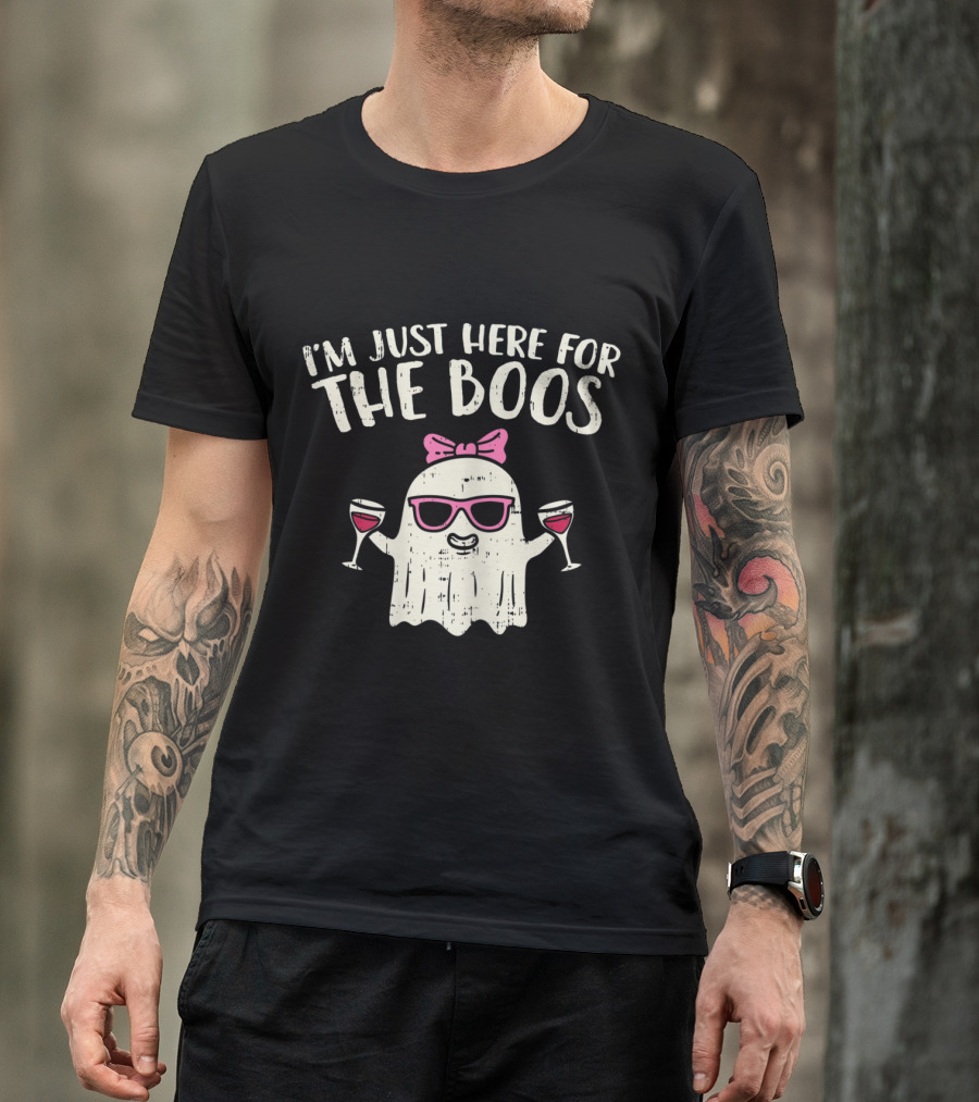 I'm Just Here For The Boos Ghost With Sunglasses And Wine Glasses Halloween T-Shirt