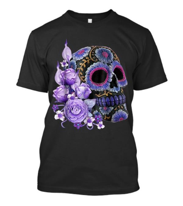 Purple Floral Black Sugar Skull Day Of The Dead Mexican Tradition T-Shirt