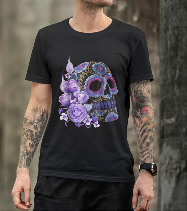 Purple Floral Black Sugar Skull Day Of The Dead Mexican Tradition T-Shirt