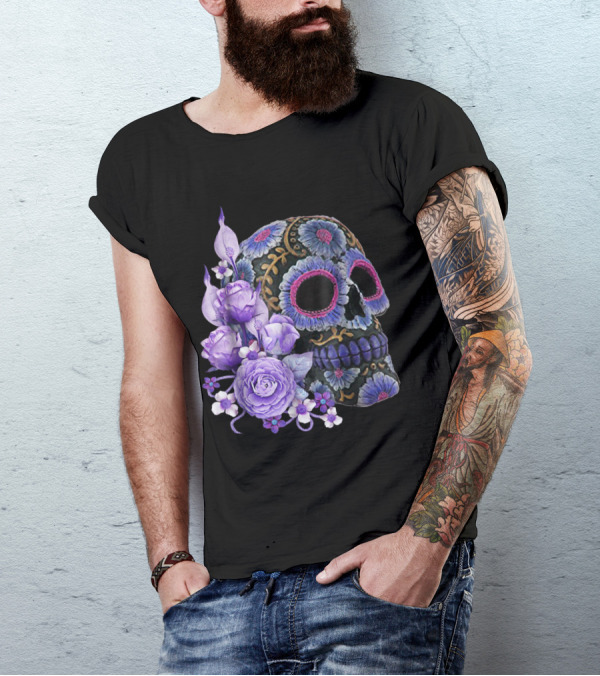 Purple Floral Black Sugar Skull Day Of The Dead Mexican Tradition T-Shirt