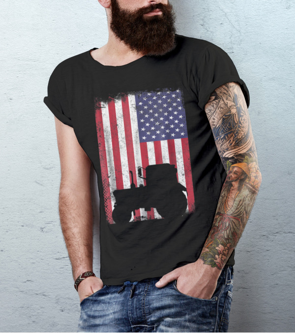 Vintage Tractor Silhouette On Distressed American Flag Patriotic Farming T-Shirt