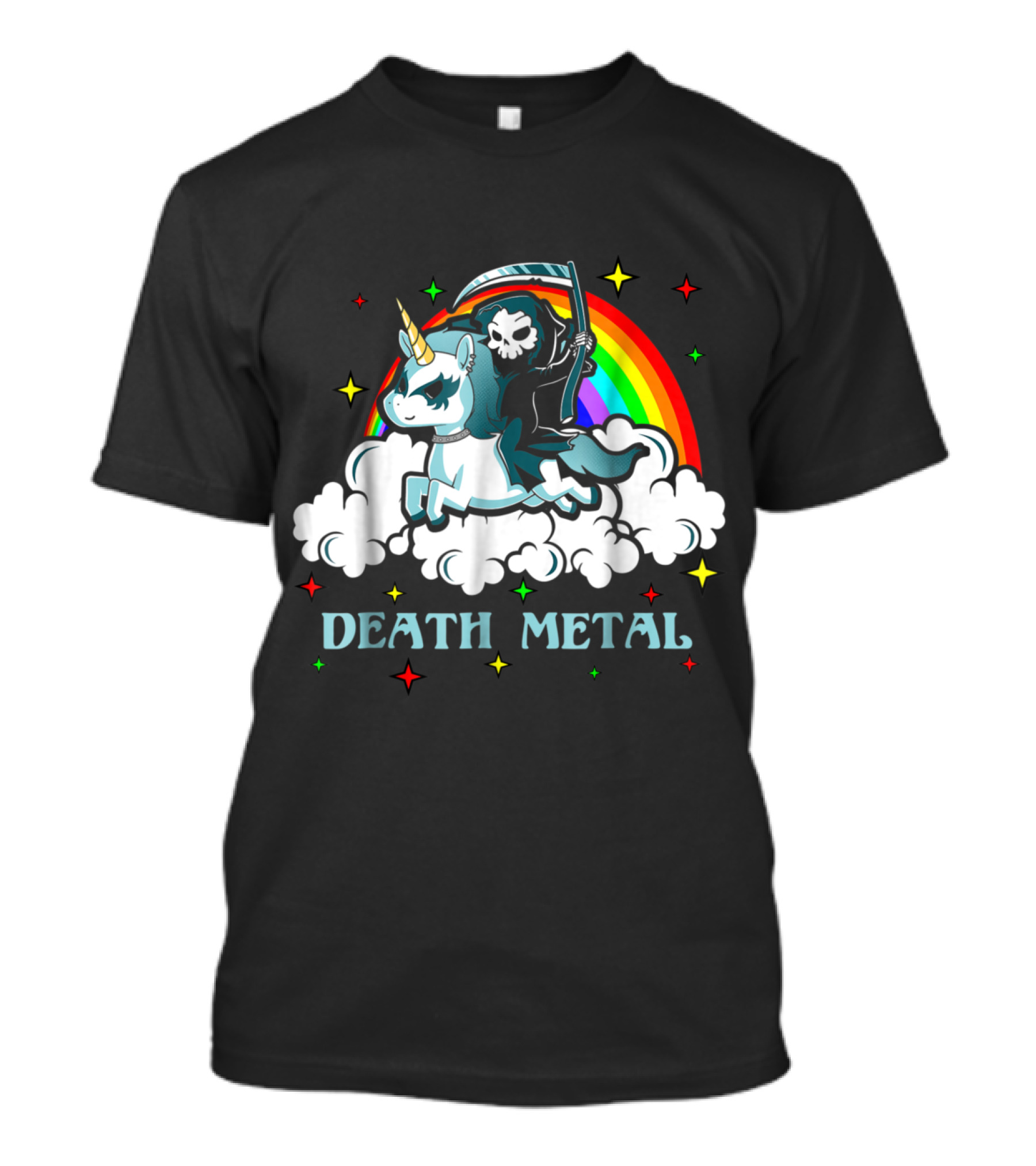 Death Metal Unicorn Grim Reaper Rainbow Clouds T-Shirt