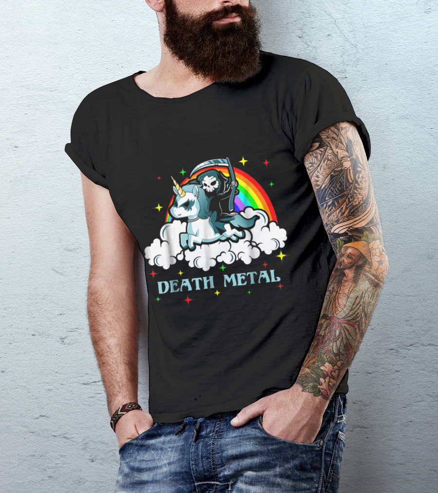 Death Metal Unicorn Grim Reaper Rainbow Clouds T-Shirt