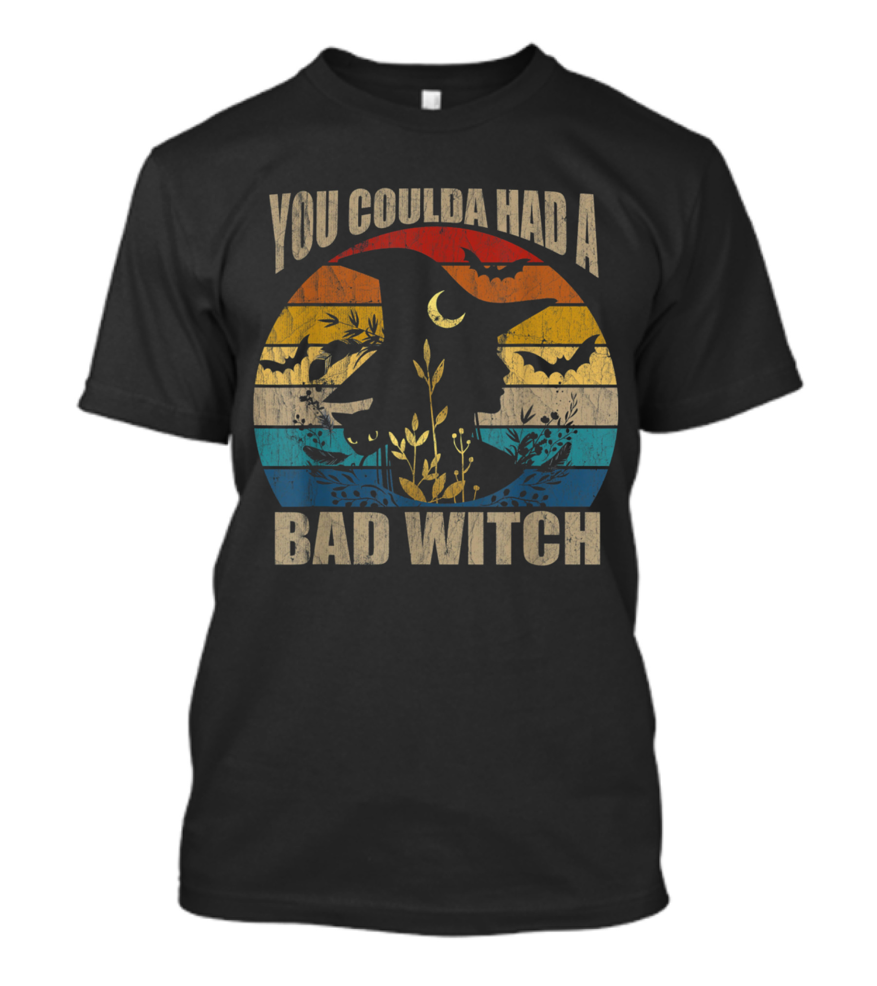You Coulda Had A Bad Witch Halloween Vintage 70s Silhouette With Bats And Retro Stripes T-Shirt