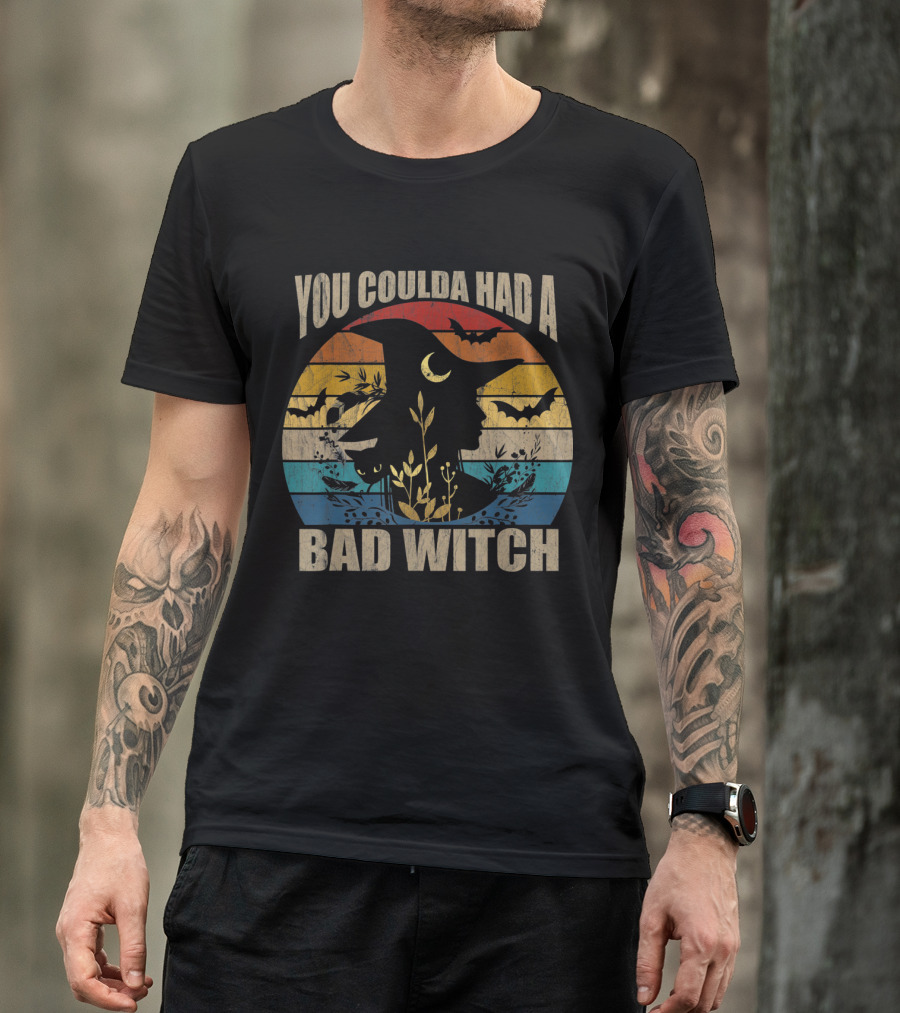 You Coulda Had A Bad Witch Halloween Vintage 70s Silhouette With Bats And Retro Stripes T-Shirt