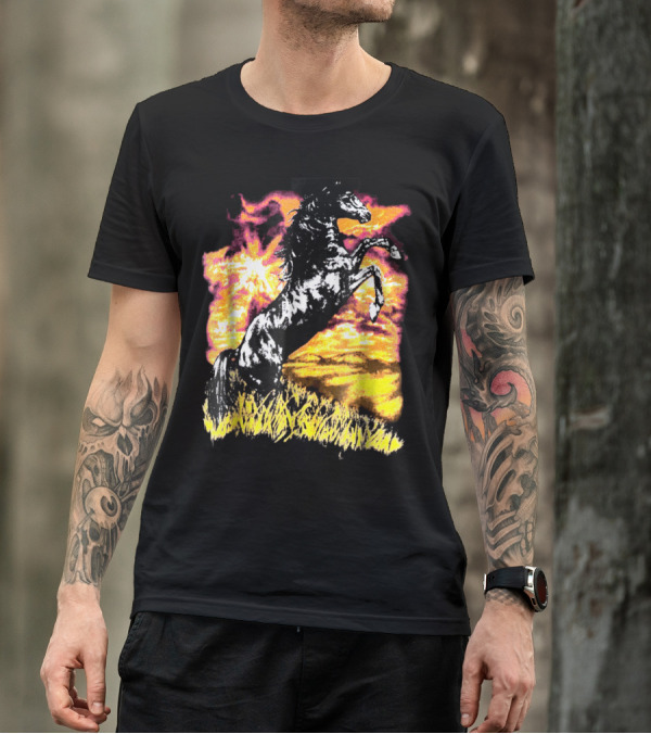 Rising Horse In Fiery Sunset Field Charlie Horse T-Shirt