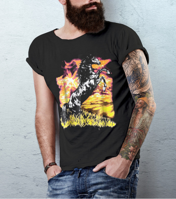Rising Horse In Fiery Sunset Field Charlie Horse T-Shirt