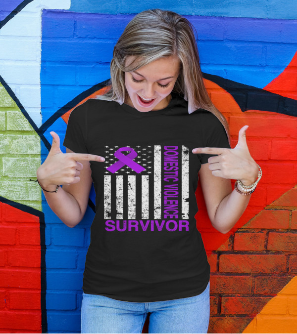 Domestic Violence Survivor USA Flag Purple Ribbon Awareness T-Shirt