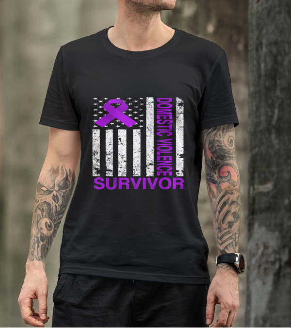 Domestic Violence Survivor USA Flag Purple Ribbon Awareness T-Shirt