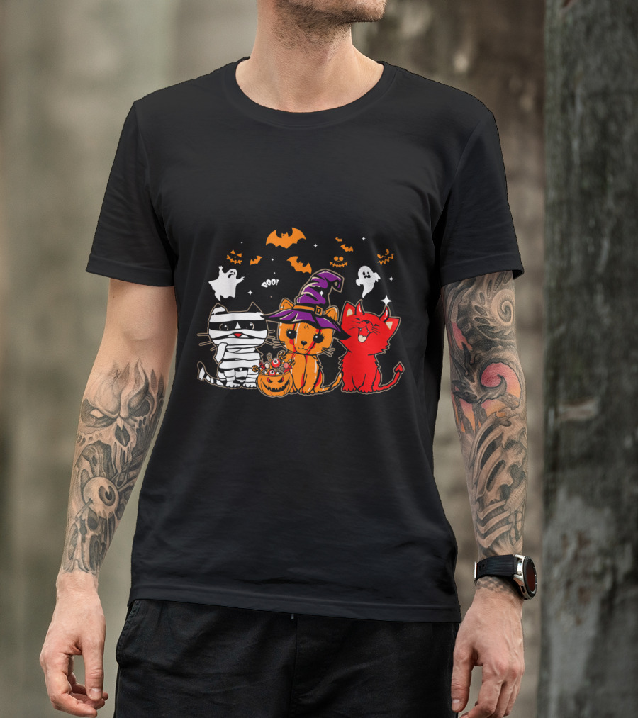 Funny Cat Lover Happy Halloween With Ghosts And Witch Hat Cats T-Shirt
