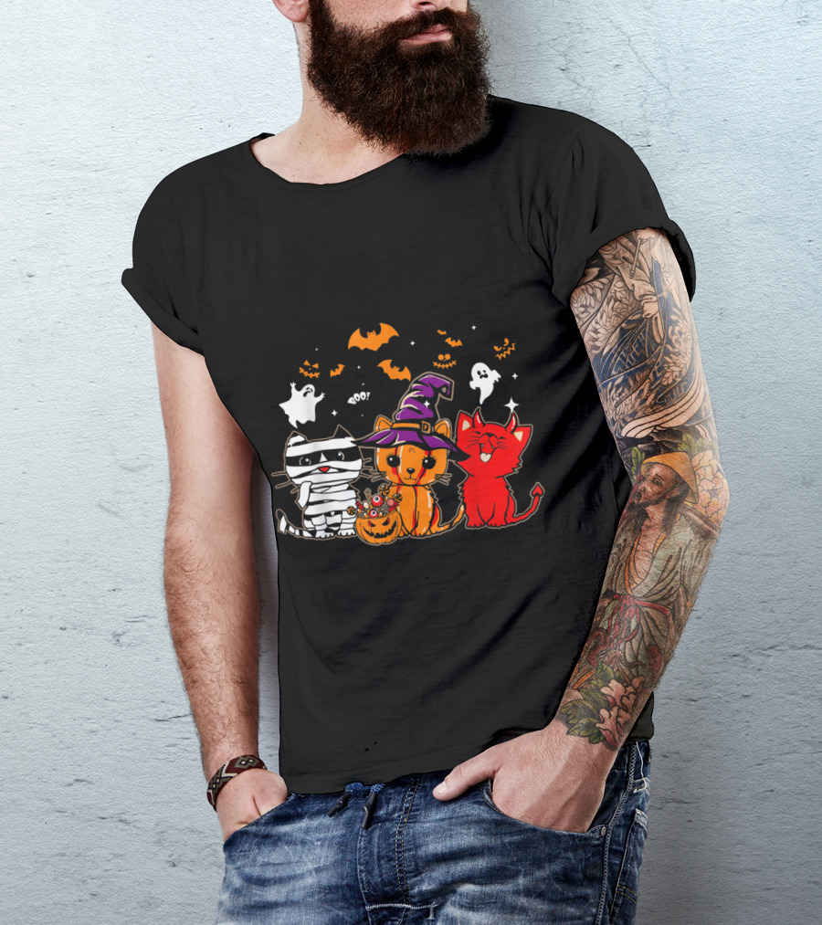 Funny Cat Lover Happy Halloween With Ghosts And Witch Hat Cats T-Shirt