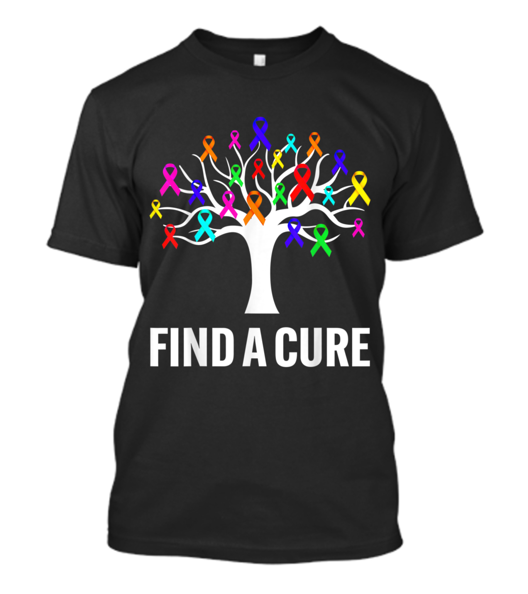 Find A Cure Colorful Ribbons Tree For Cancer Awareness T-Shirt