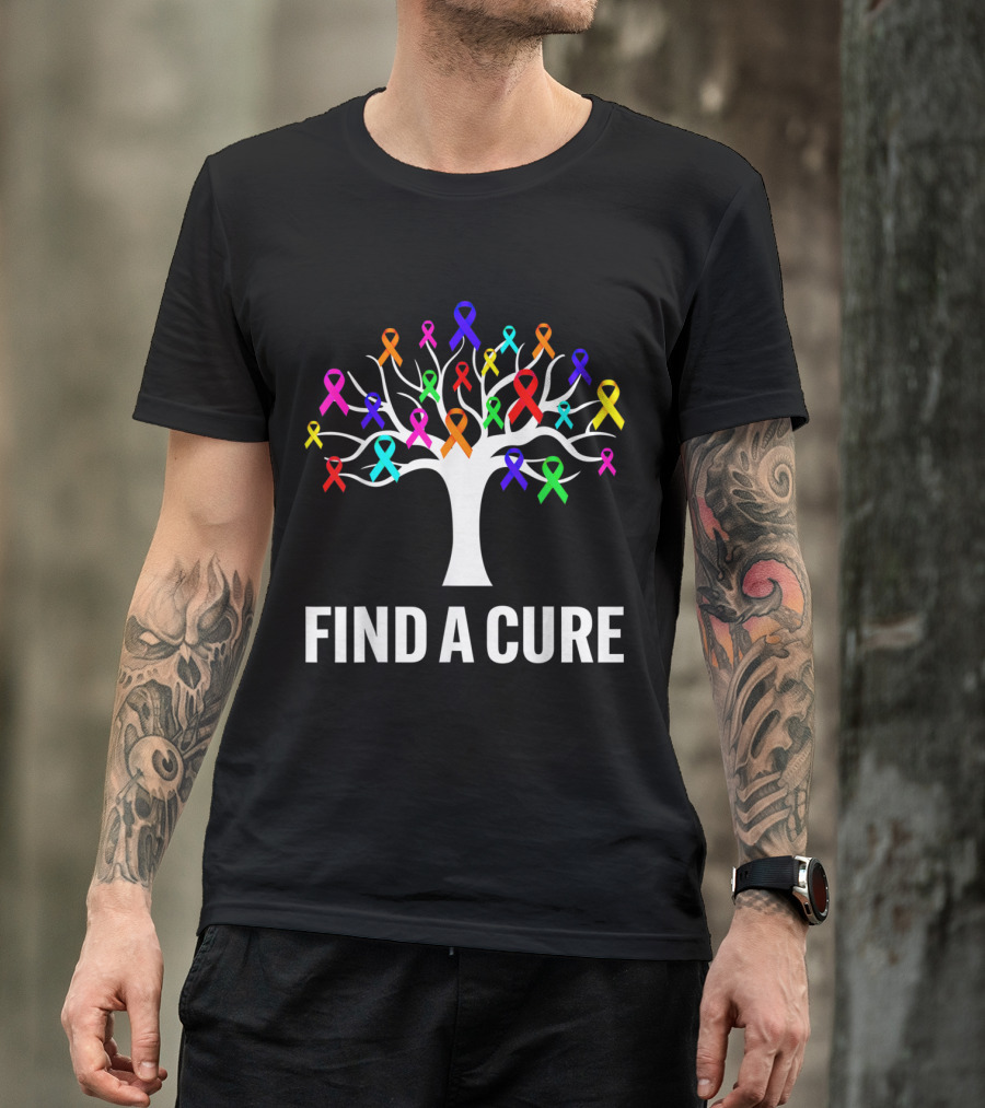 Find A Cure Colorful Ribbons Tree For Cancer Awareness T-Shirt