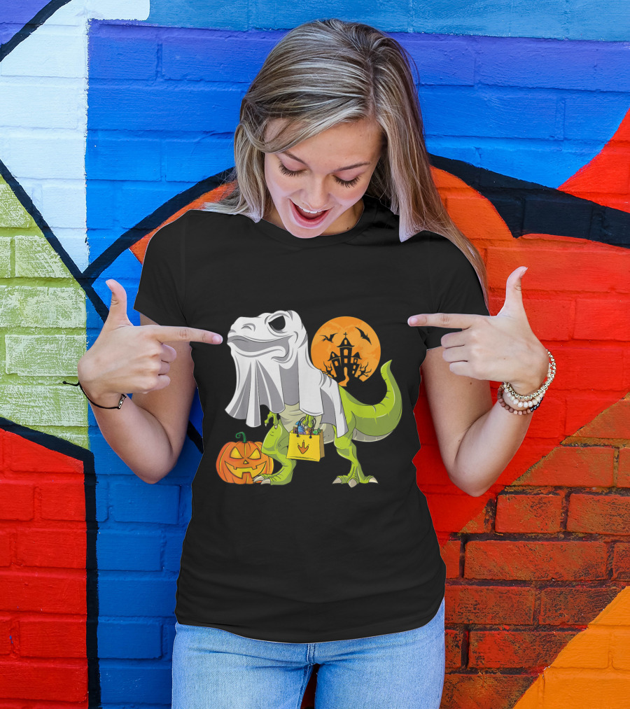 Ghost Dinosaur Trick-or-Treating With Pumpkin And Haunted House Moon T-Shirt
