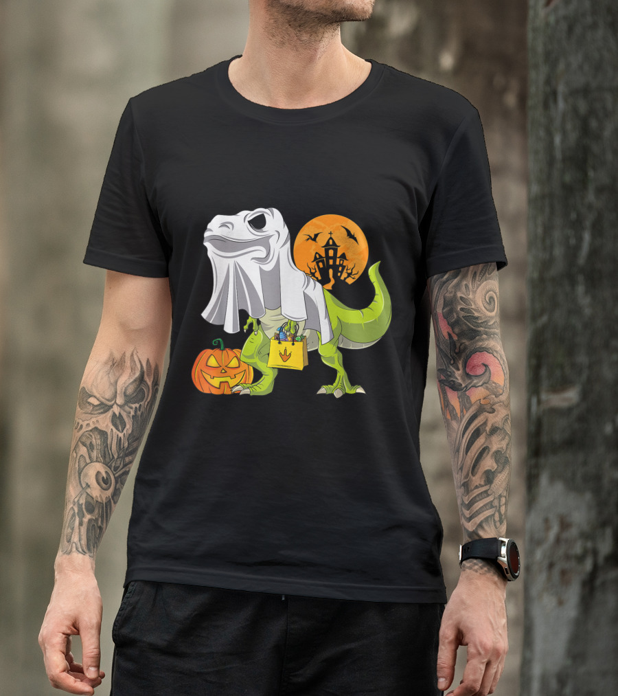 Ghost Dinosaur Trick-or-Treating With Pumpkin And Haunted House Moon T-Shirt
