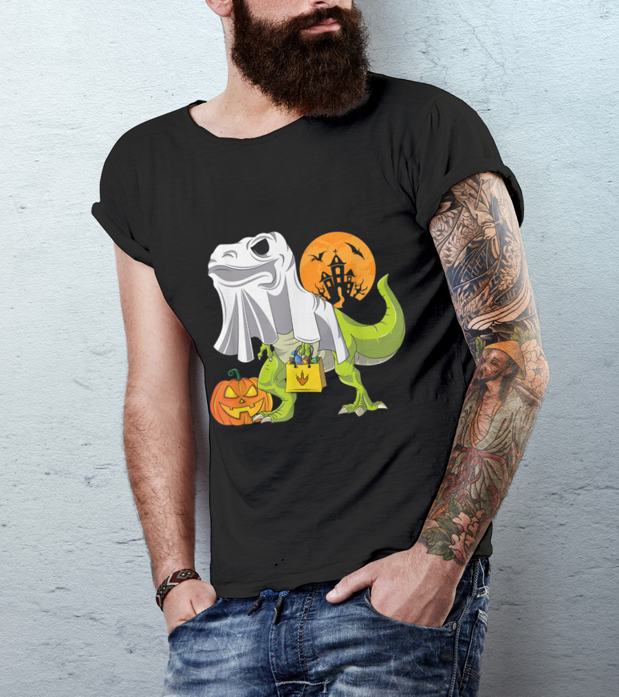 Ghost Dinosaur Trick-or-Treating With Pumpkin And Haunted House Moon T-Shirt