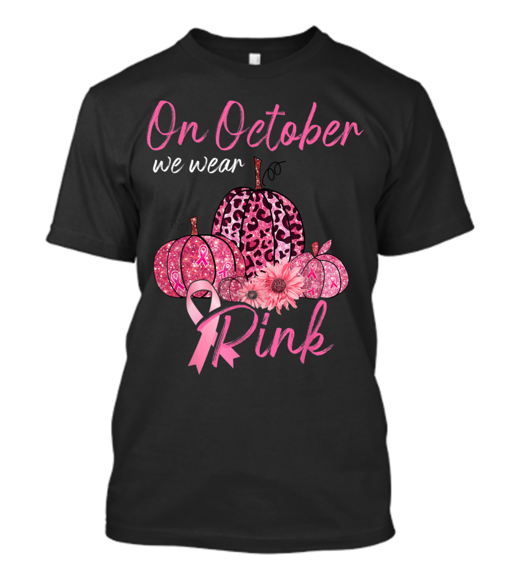 On October We Wear Pink Pumpkin Leopard Breast Cancer Awareness T-Shirt