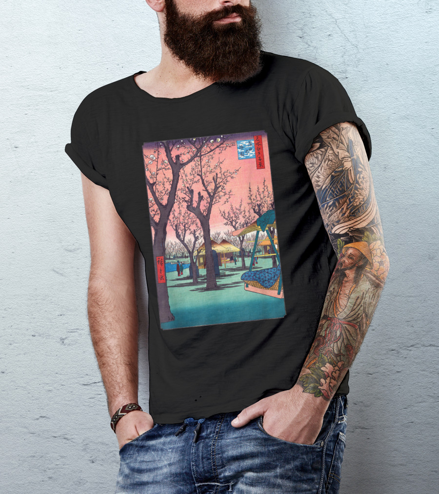 Japanese Cherry Blossom Ukiyo-e Woodblock Print Scene T-Shirt