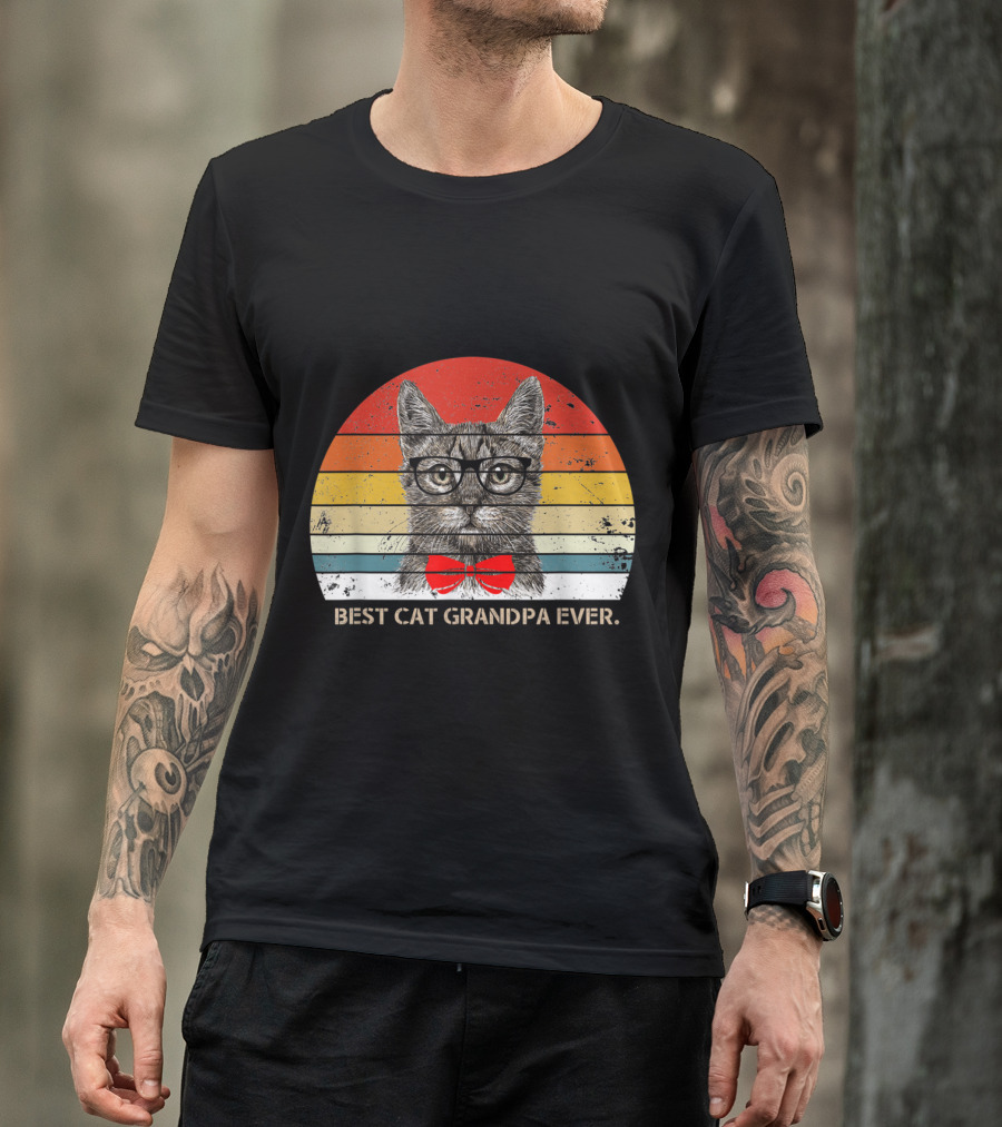 Best Cat Grandpa Ever Vintage Sunset Cat With Glasses And Bow Tie T-Shirt