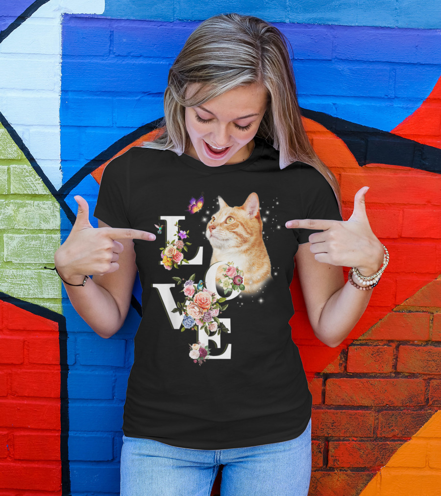 LOVE Cat Flower Butterfly T-Shirt