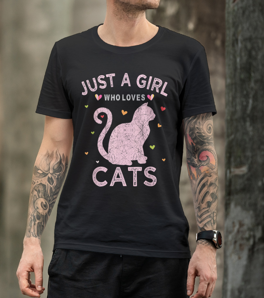 Just A Girl Who Loves Cats With Pink Cat Silhouette And Colorful Hearts T-Shirt