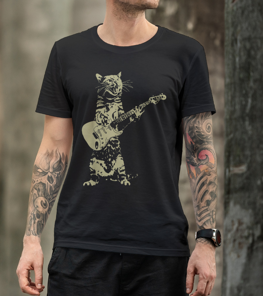 Cat Playing Electric Guitar Rocking Out T-Shirt