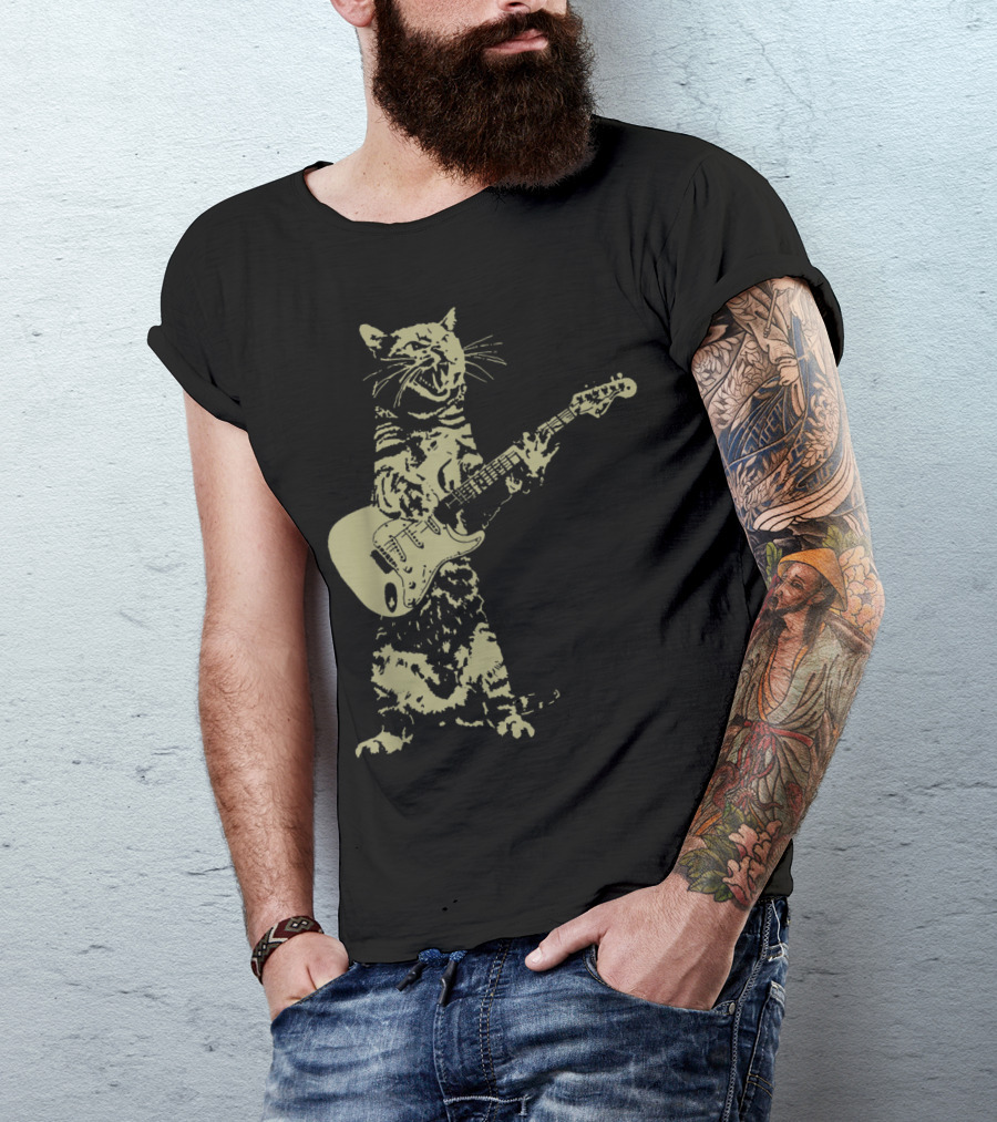 Cat Playing Electric Guitar Rocking Out T-Shirt