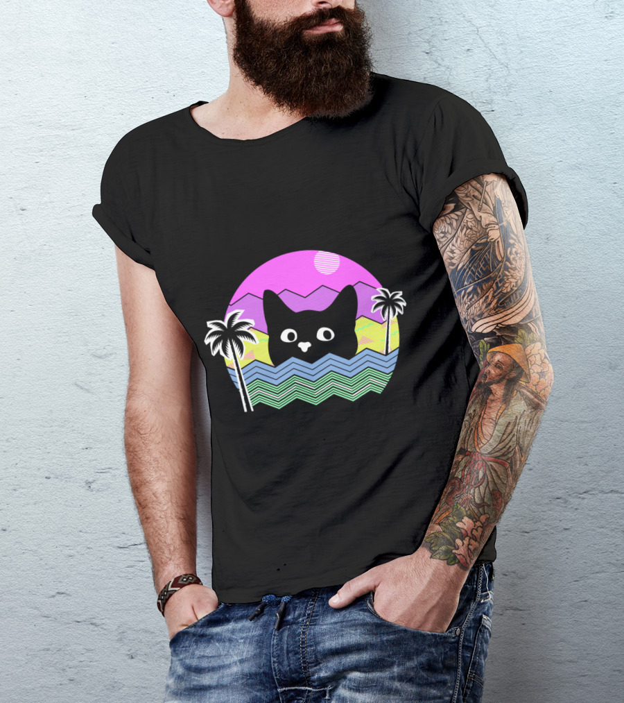 Cat 90's Vaporwave Aesthetic Tropical Palms Retro Waves T-Shirt
