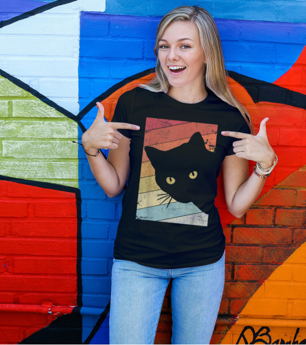 Cat Style OM1BD Retro Silhouette Vintage Stripes T-Shirt