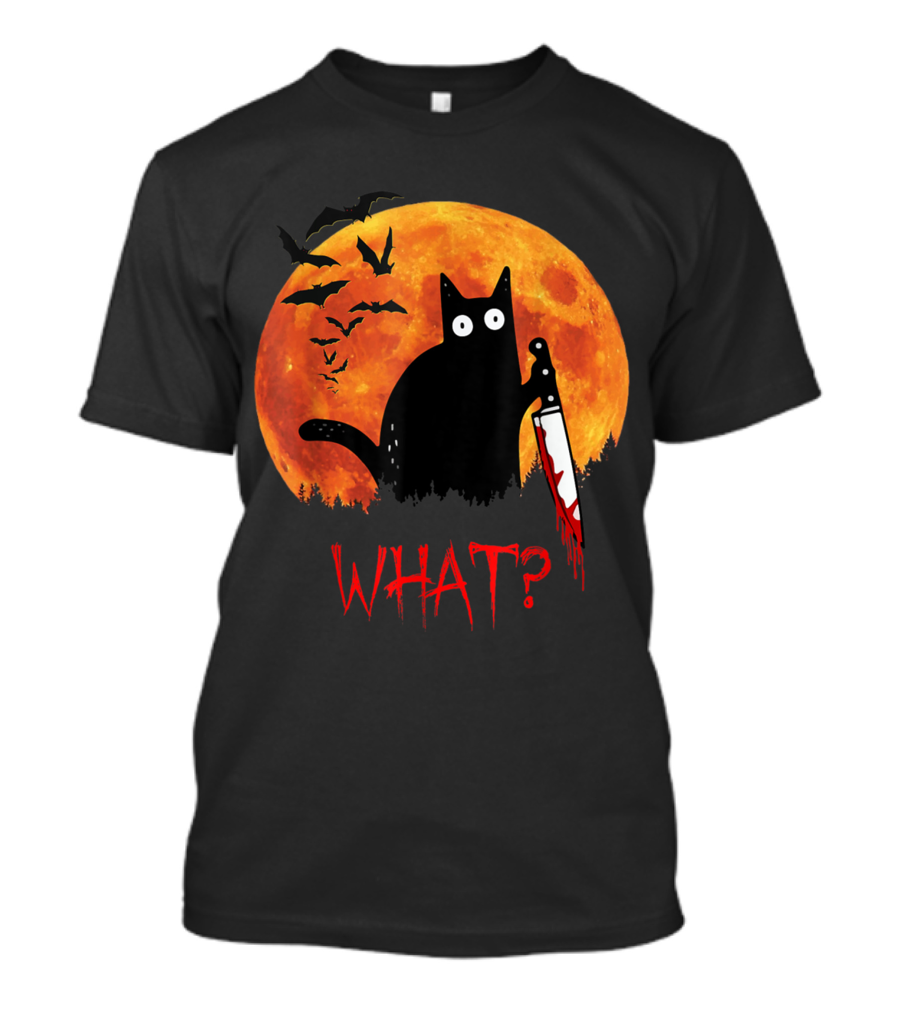 What Funny Black Cat Murderous Cat With Knife Halloween Moon Bats T-Shirt
