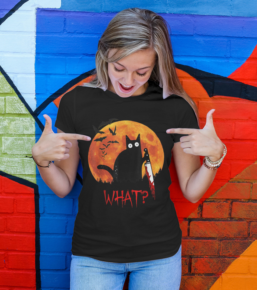 What Funny Black Cat Murderous Cat With Knife Halloween Moon Bats T-Shirt