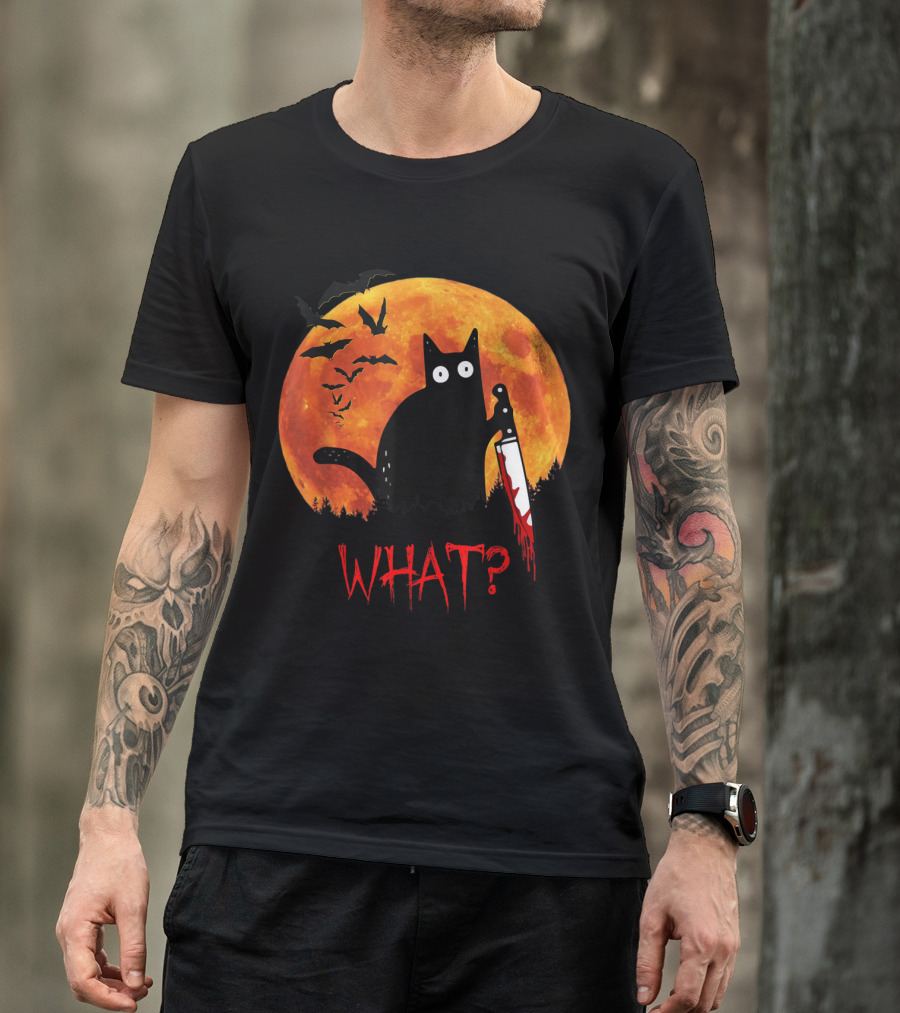 What Funny Black Cat Murderous Cat With Knife Halloween Moon Bats T-Shirt