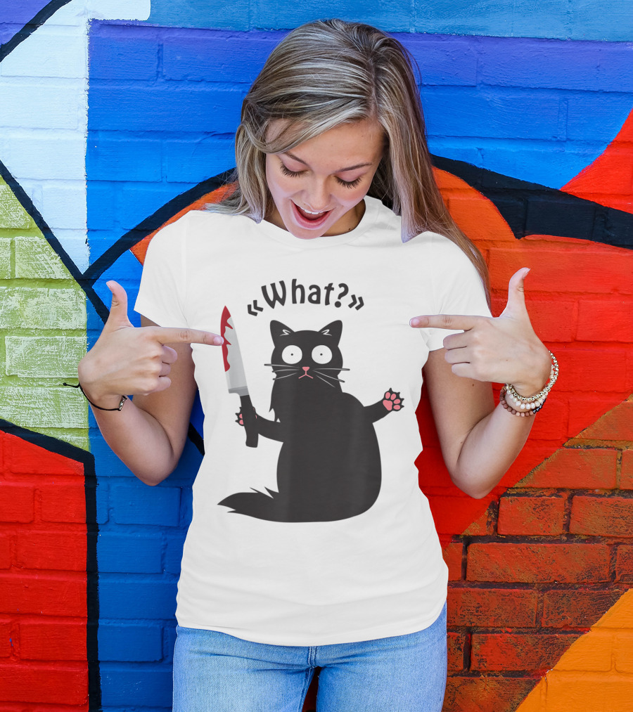 What Funny Black Cat With Knife Murderous Cat Fun T-Shirt