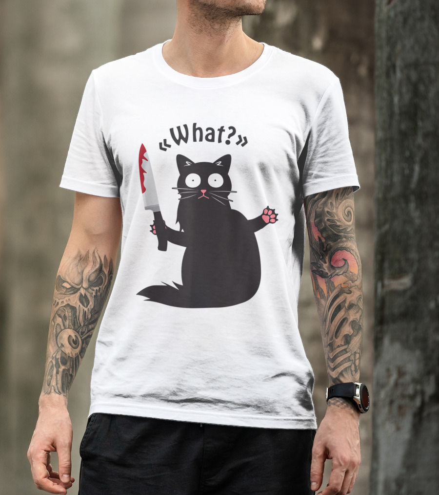 What Funny Black Cat With Knife Murderous Cat Fun T-Shirt