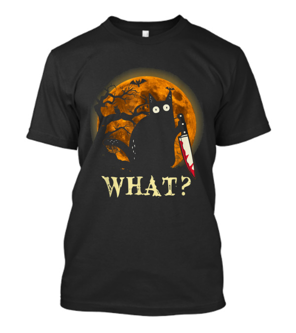 What Funny Murderous Cat With Knife Halloween Moon T-Shirt