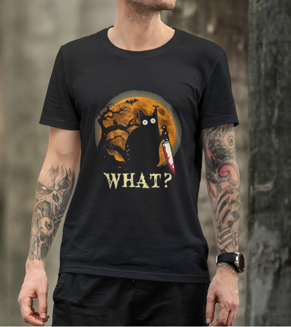 What Funny Murderous Cat With Knife Halloween Moon T-Shirt