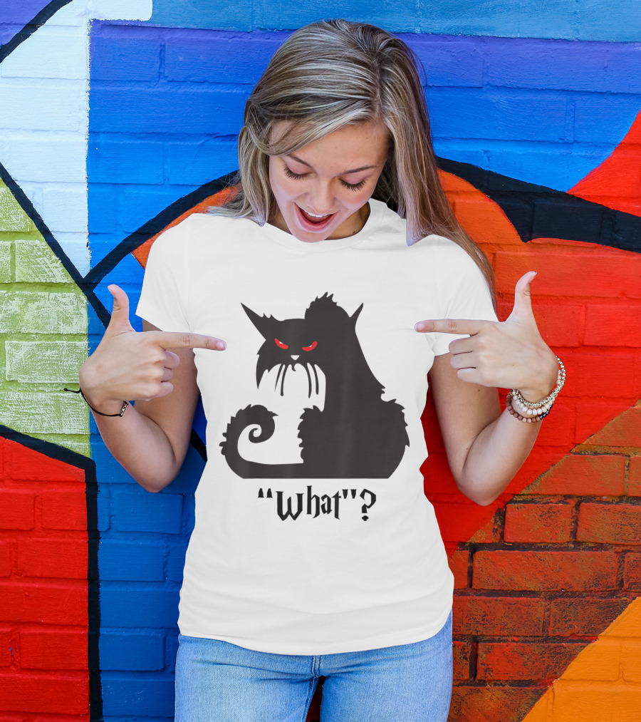 Black Cat With Red Eyes What? Halloween Funny Cat T-Shirt