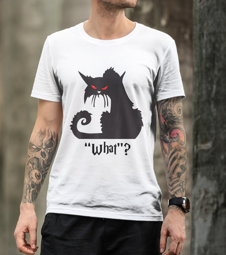 Black Cat With Red Eyes What? Halloween Funny Cat T-Shirt