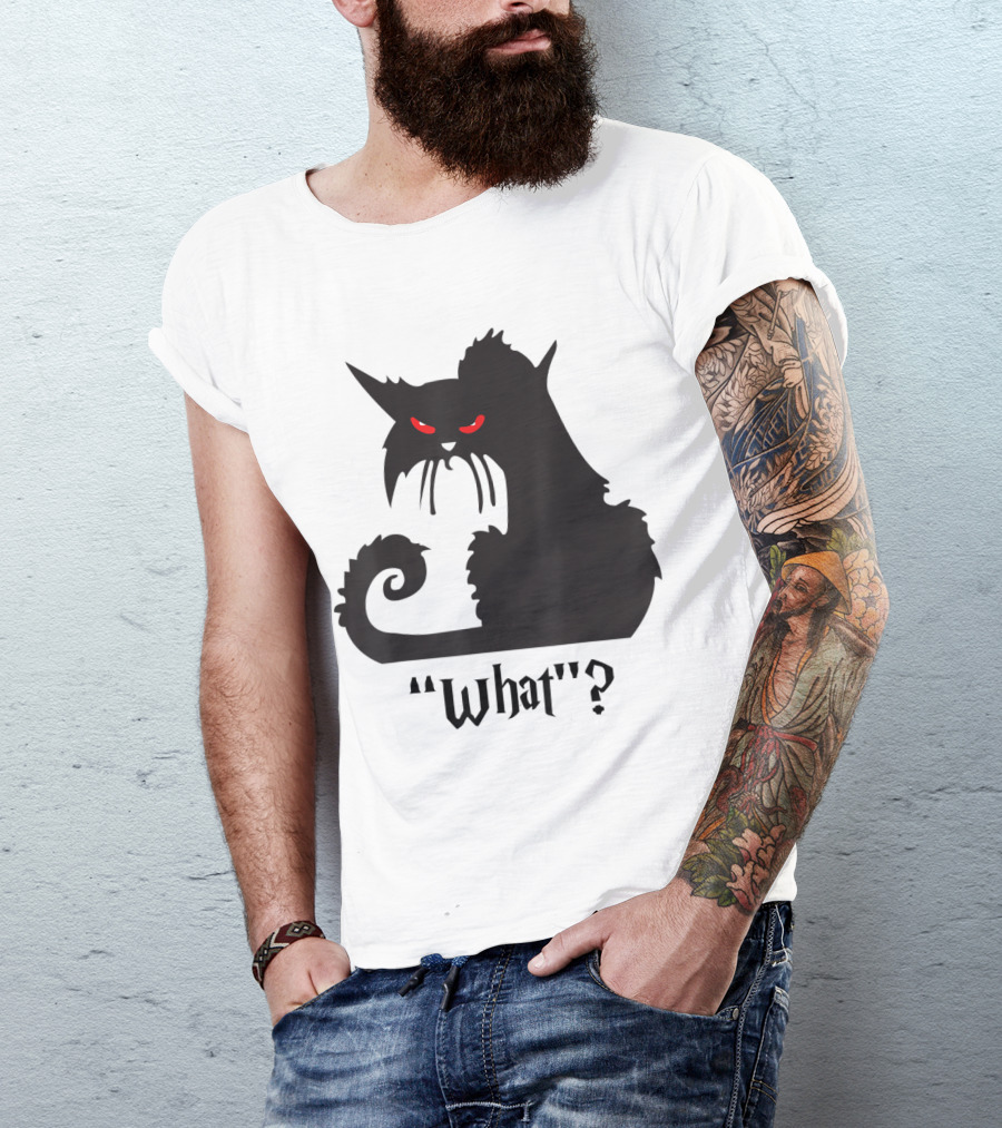 Black Cat With Red Eyes What? Halloween Funny Cat T-Shirt