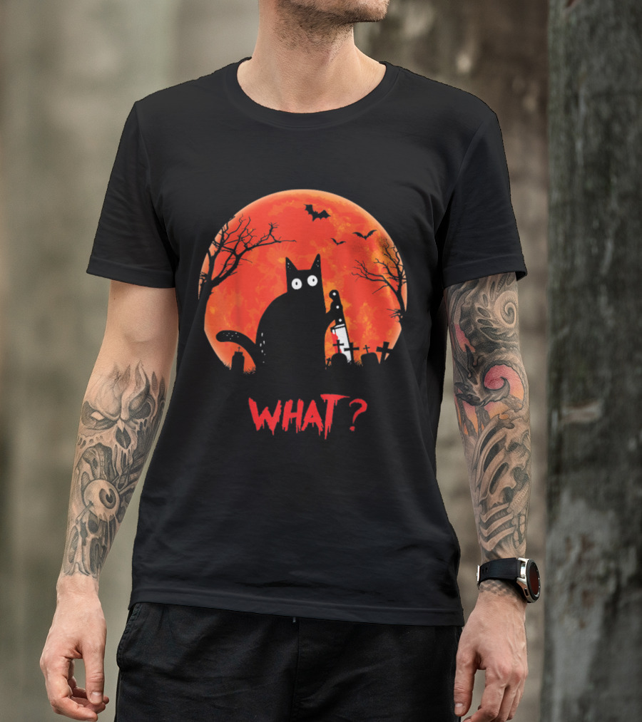 What Murderous Cat Holding Knife Halloween Moon T-Shirt