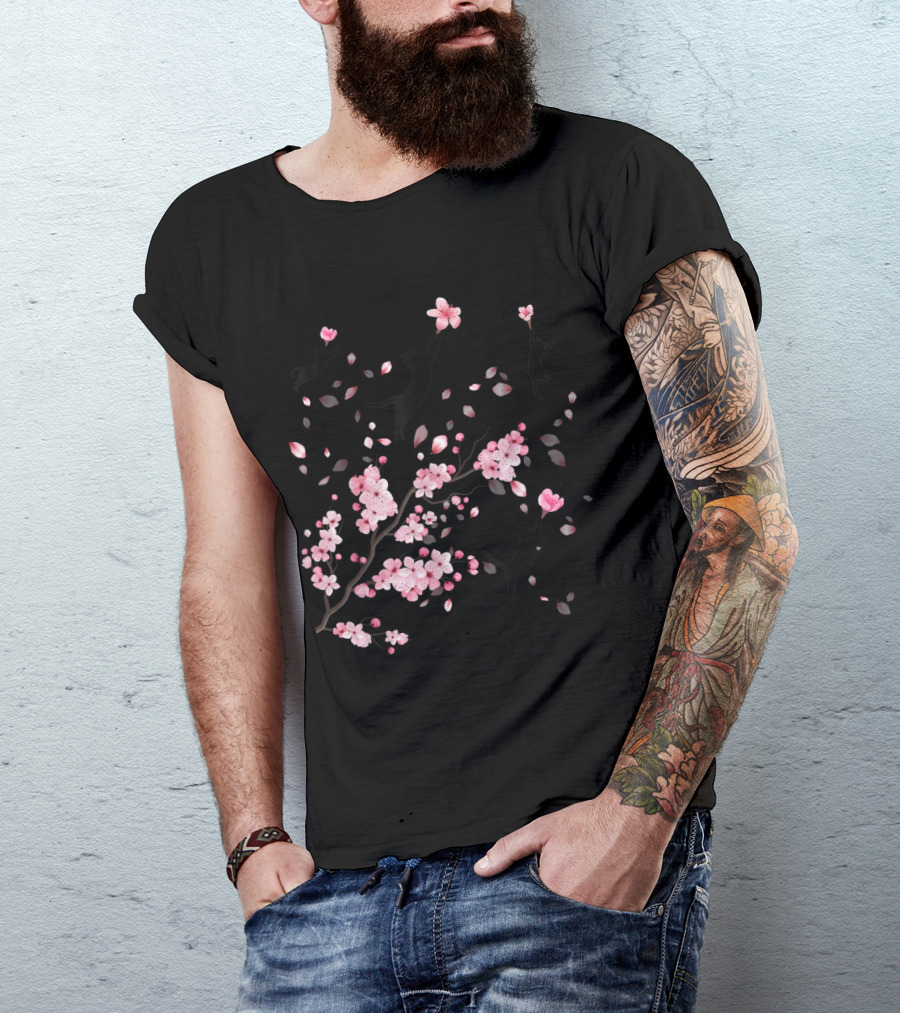 Cherry Blossom Branch With Playful Cats For Cat Lovers T-Shirt