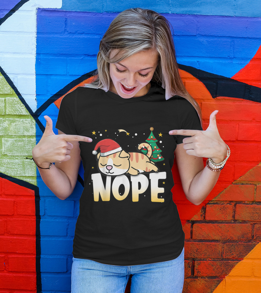 Christmas Cat Nope Lazy Dog Santa Hat Holiday Tree T-Shirt