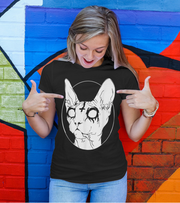 Goth Death Metal Black Metal Sphynx Cat With Cross And Dark Eyes T-Shirt