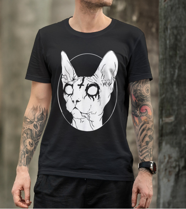 Goth Death Metal Black Metal Sphynx Cat With Cross And Dark Eyes T-Shirt