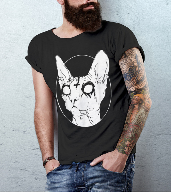 Goth Death Metal Black Metal Sphynx Cat With Cross And Dark Eyes T-Shirt