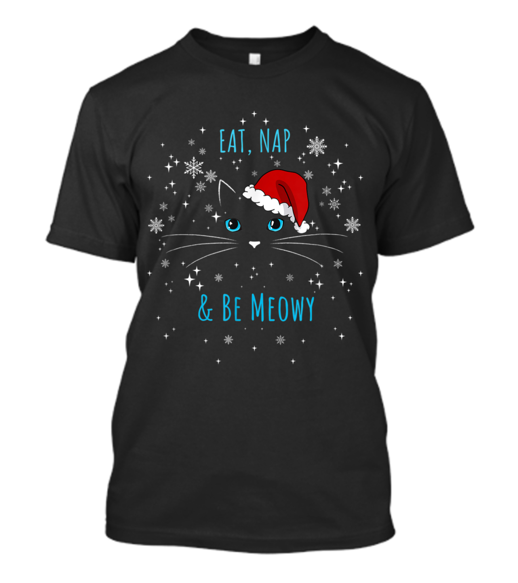 Eat Nap And Be Meowy Cute Christmas Santa Cat With Snowflakes T-Shirt