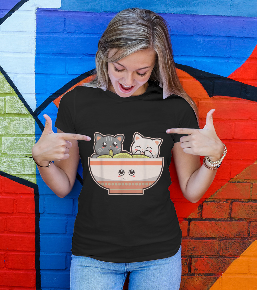 Kawaii Japanese Anime Cats In Ramen Noodle Bowl T-Shirt